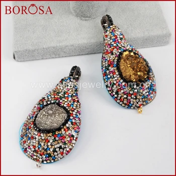

BOROSA Handcrafted Rainbow Rhinestone Pave Colorful Zircons Drop Crystal Druzy Pendant Drusy Jewelry for Women Necklace JAB691