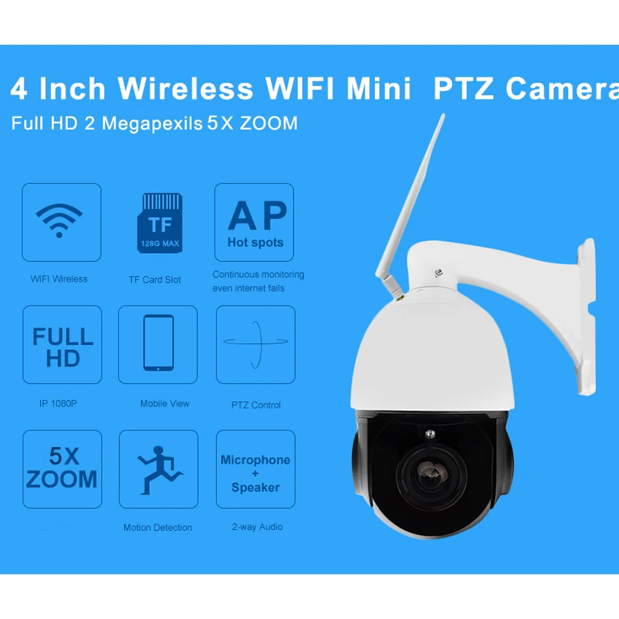 Беспроводная ip камера наружная WiFi CMOS PTZ ONVIF 5x оптический зум домашняя