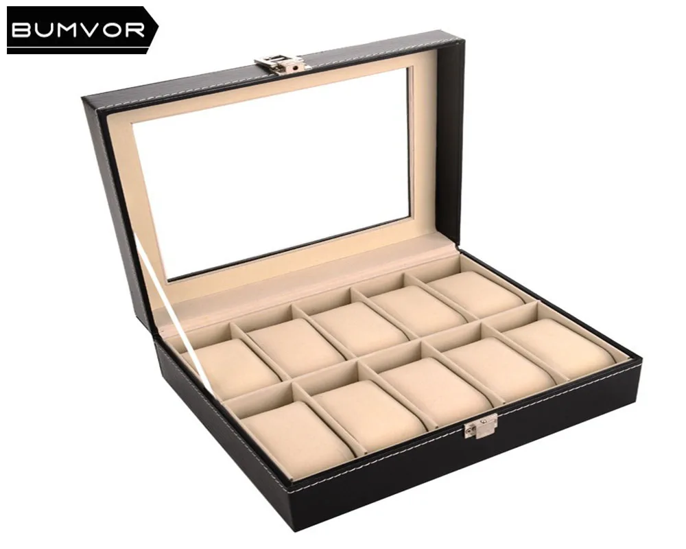 

10 Slots Grid black watch box for men and women PU leather universal hardware lock jewelry box