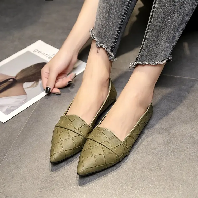 

Spring summer Woman Flats Pointed Toe Slip on Shoes Woman Ballet Flats PU Leather Loafers Boat Shoes Weave Ladies Shoes