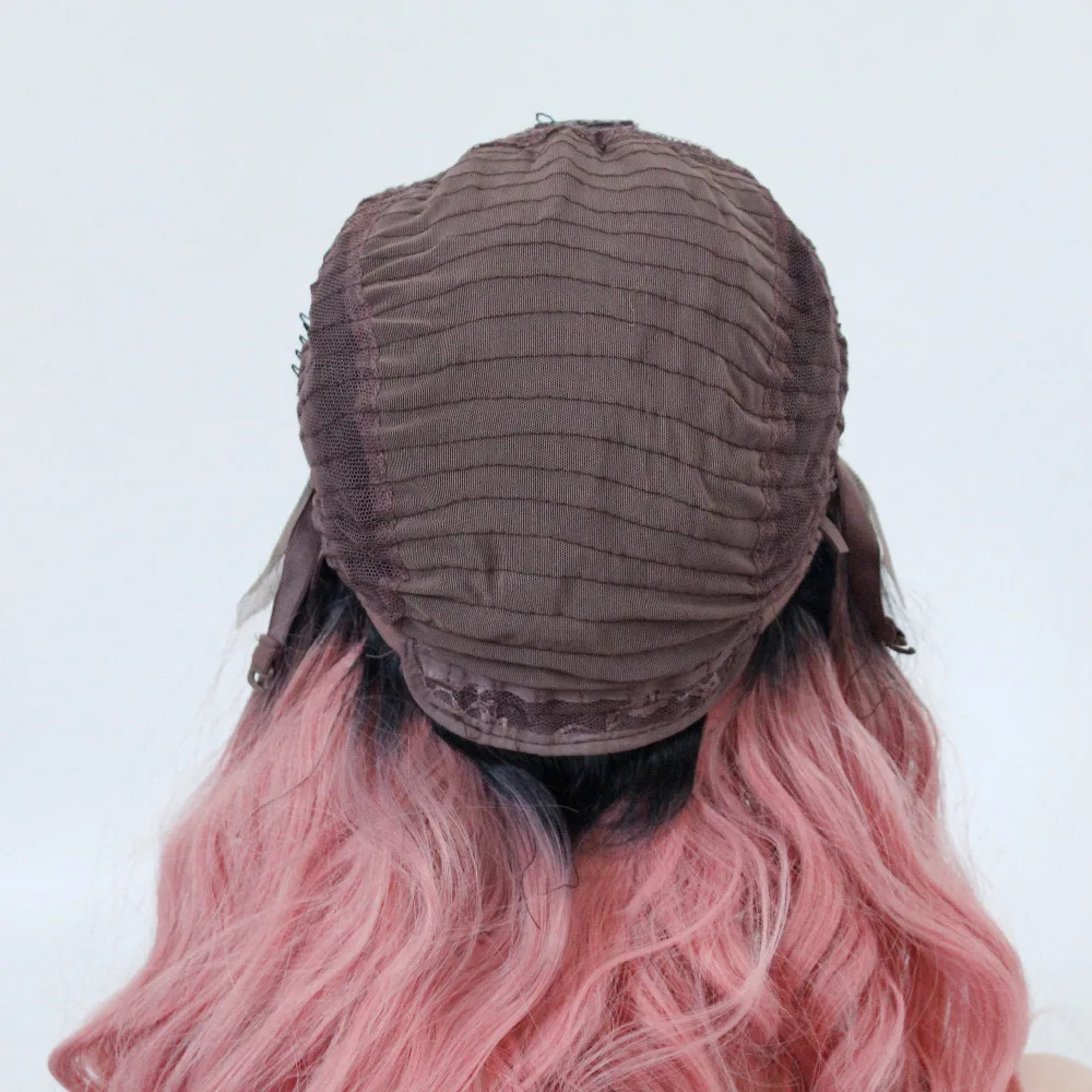 Peach Color Short Bob Synthetic Lace Front Wig Pastel Pink Ombre Black Roots Water Wave Heat Resistant Fiber Women Haircut Middle Part-5