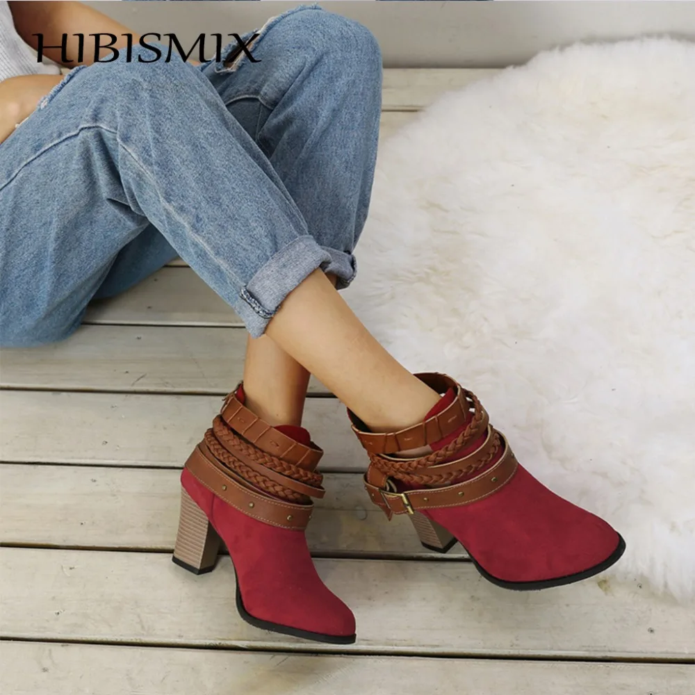 

HIBISMIX Women Ankle Boots Woman Chunky High Heels Motorcycle Boots Spring Autumn Ladies Rivet Buckle Shoes Zapatos Mujer 1215