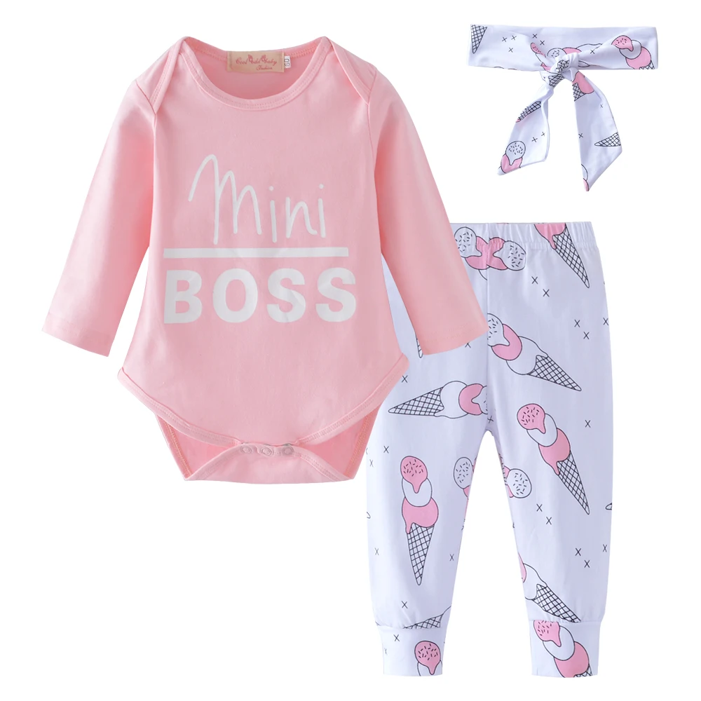 

3Pcs/Set Newborn Baby Girls Clothes Toddler Long Sleeve Letter Bodysuits+Ice Cream Pants+Headband Outfits Set Infant Clothing
