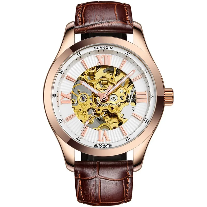 GUANQIN Automatic Mechanical Watches, Luminous Leather Waterproof Men Watch, Skeleton Gold Watch Men High Quality Wristwatches (5)