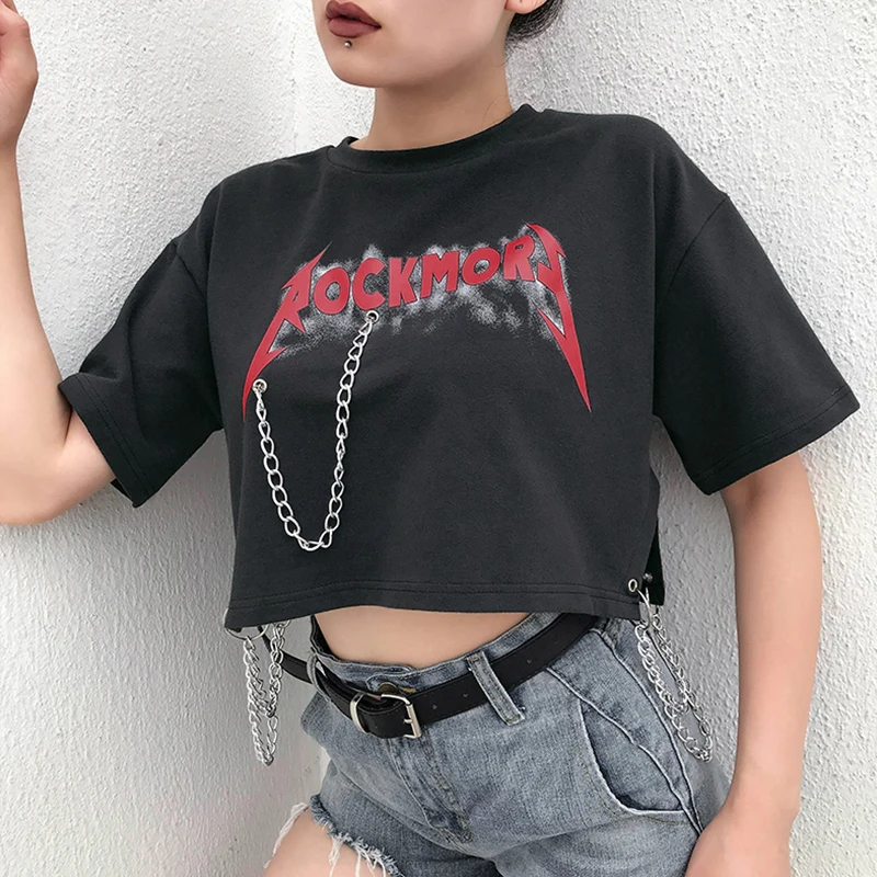 

Rapwriter Punk Style Chain Patchwork Letter Print Loose Crop Tops Women 2019 High Street Summer O-Neck Half Sleeve Short T-Shirt