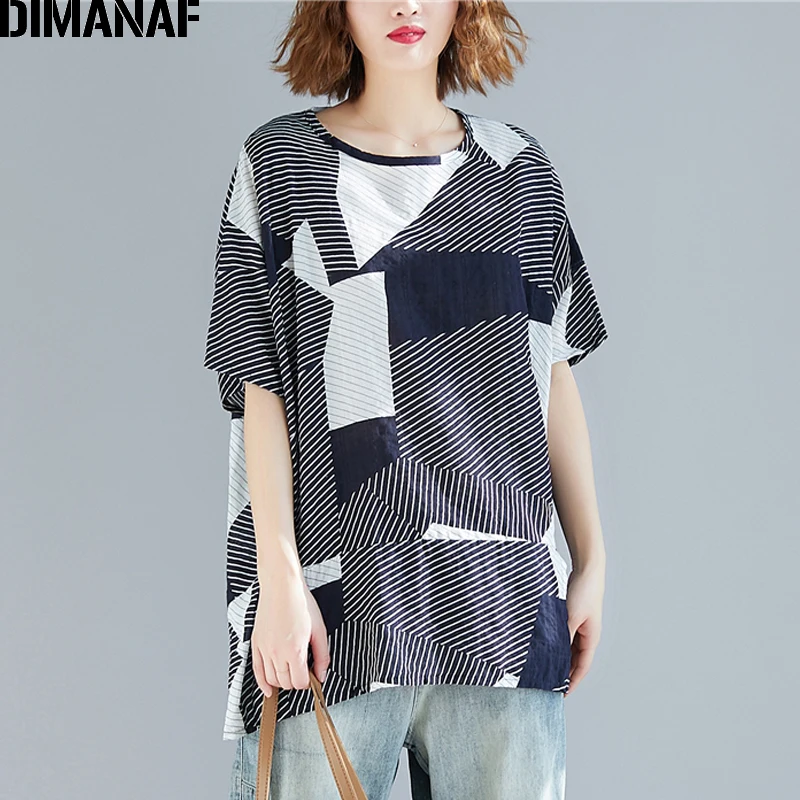 

DIMANAF Women Plus Size T-Shirts Casual Lady Tops Tees Summer Cotton Linen Loose Shirt Female Clothes Patchwork Striped 2019 New