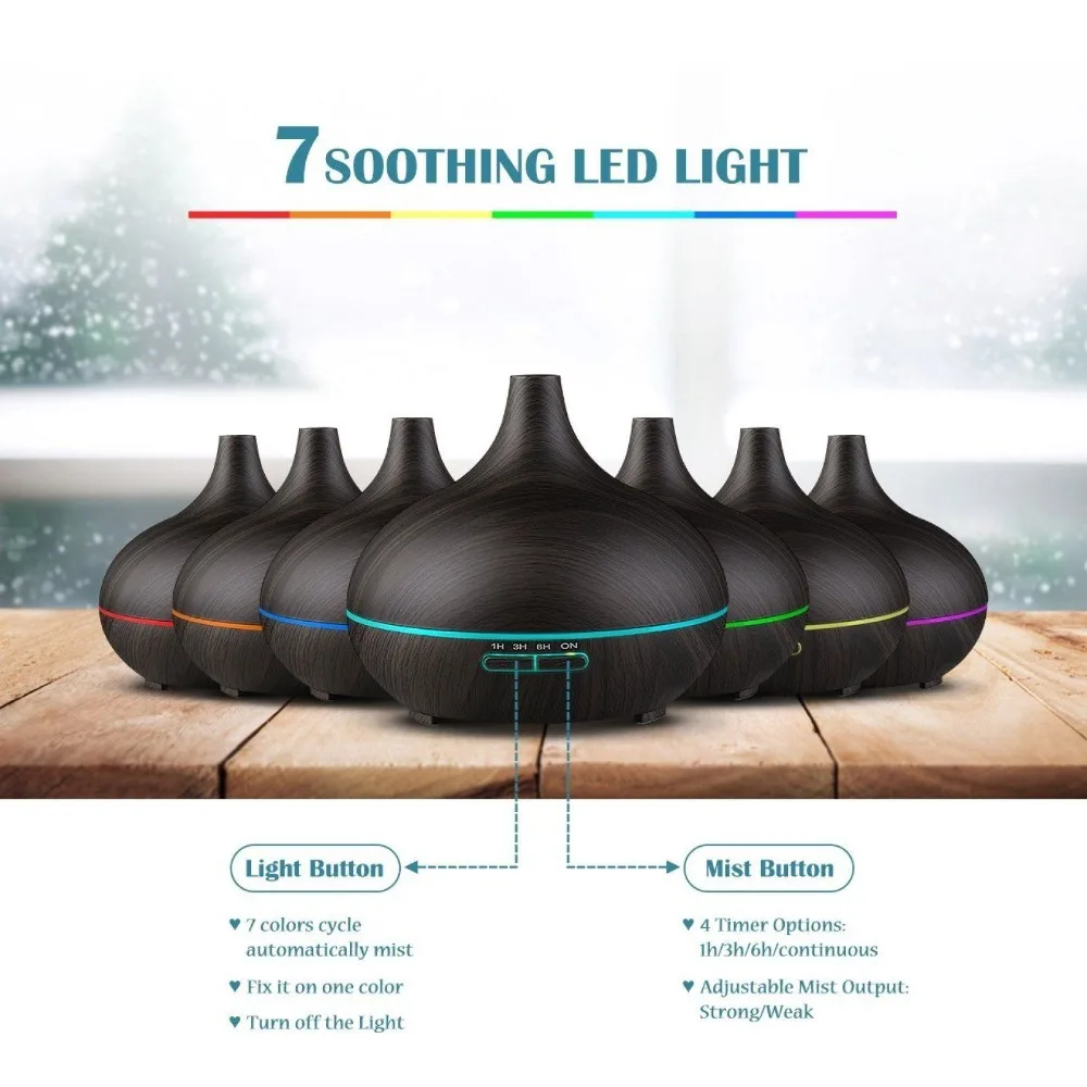 

Ultrasonic Air Humidifier Diffuser Aroma Essential Oil 300ml With Cool Mist Fogger Wood Humidifier Purifie Home LED 7 Color Lamp
