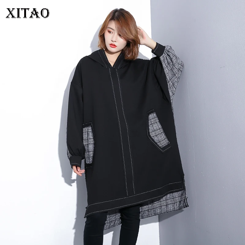 

XITAO Plaid Women Plus Size Hoodies Korea Fashion Pullover Pocket Wild Joker Long Pullover Split Irregular Hoodies 2019 LJT4144