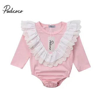 

Cute Newborn Baby Girls Ruffled Lace Romper Jumpsuit Playsuit Long Sleeve Summer Autumn Pink Blue Rompers Clothes