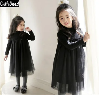 

2020 Winter Autumn Girls Gauze Net yarn Splicing Long Sleeve Basic Dress Children Turtleneck Black Princess Party Dress