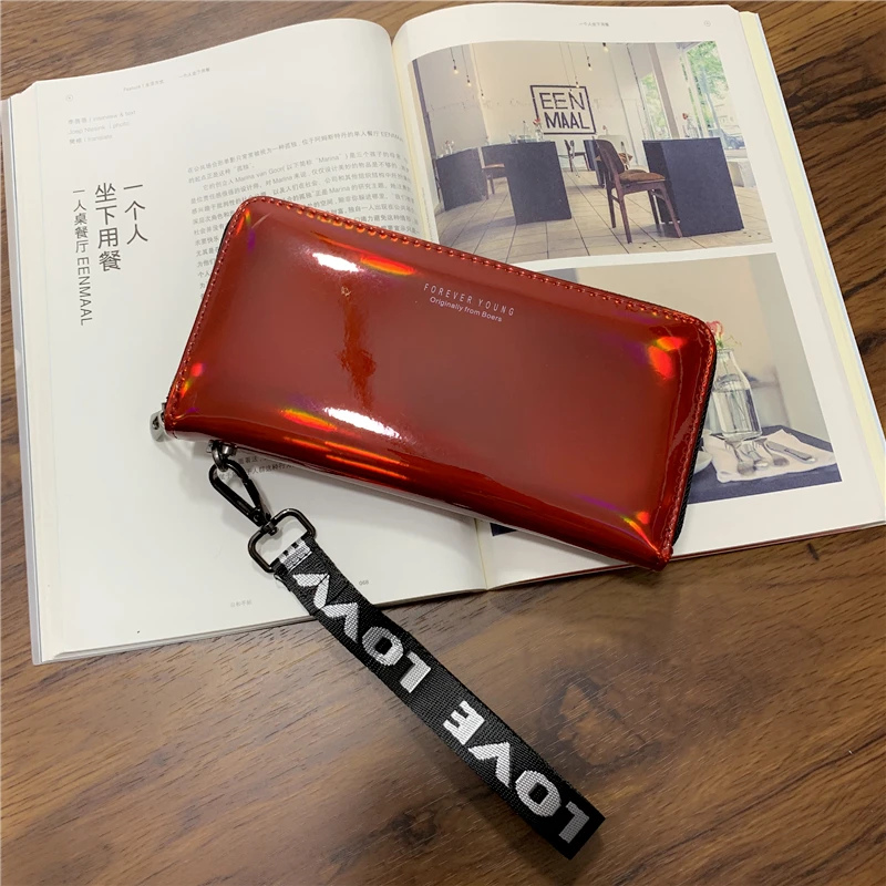 Women Wallets Lanyard Laser Holographic Wallet Women Long Purse Female Clutch Bag Portfel Zip Phone Pocket Card Holder Carteras