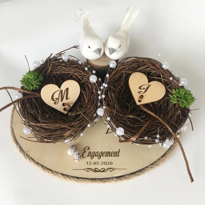 On sale custom name Anniversary Engagement rings bearer pillow wood wedding flower rustic ring box - Цвет: Nest ring pillow