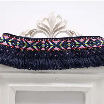 

50Yards National Wind Navy Blue Tassel Lace Fringe Jacquard Ribbons Fabric Islamic Headscarf Hair Accessories Curtain Decoration