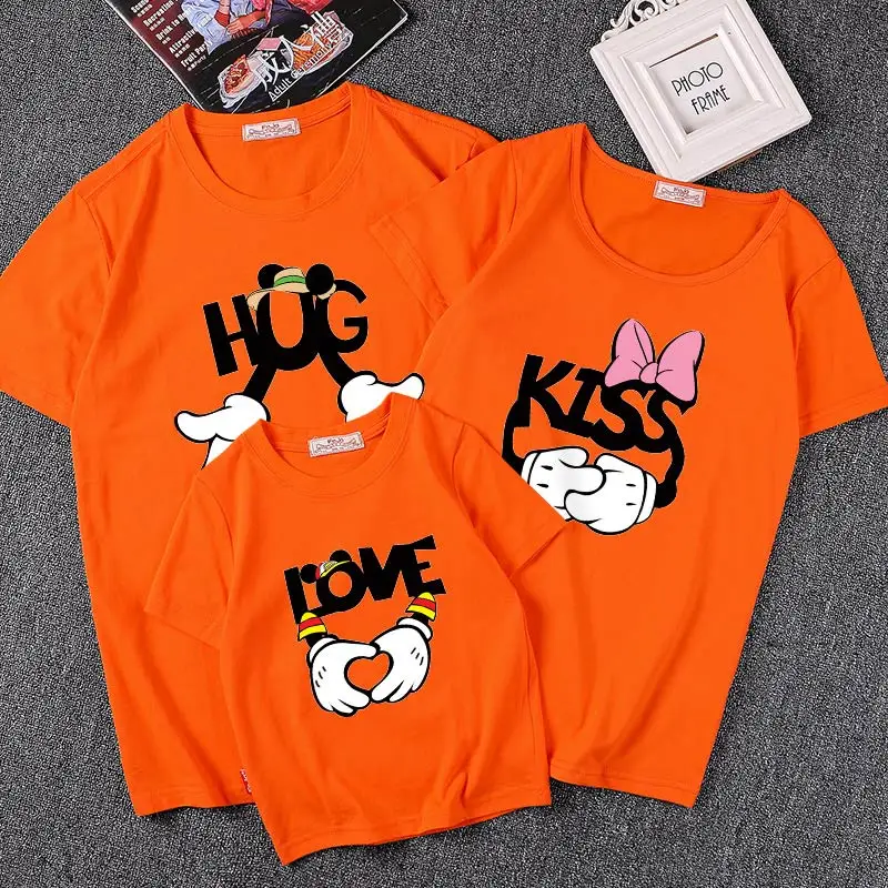 Семейные комплекты вид отца для мамы и сына и дочери Костюмы мать дочь любовь хлопок Микки футболка с рисунком - Цвет: Оранжевый