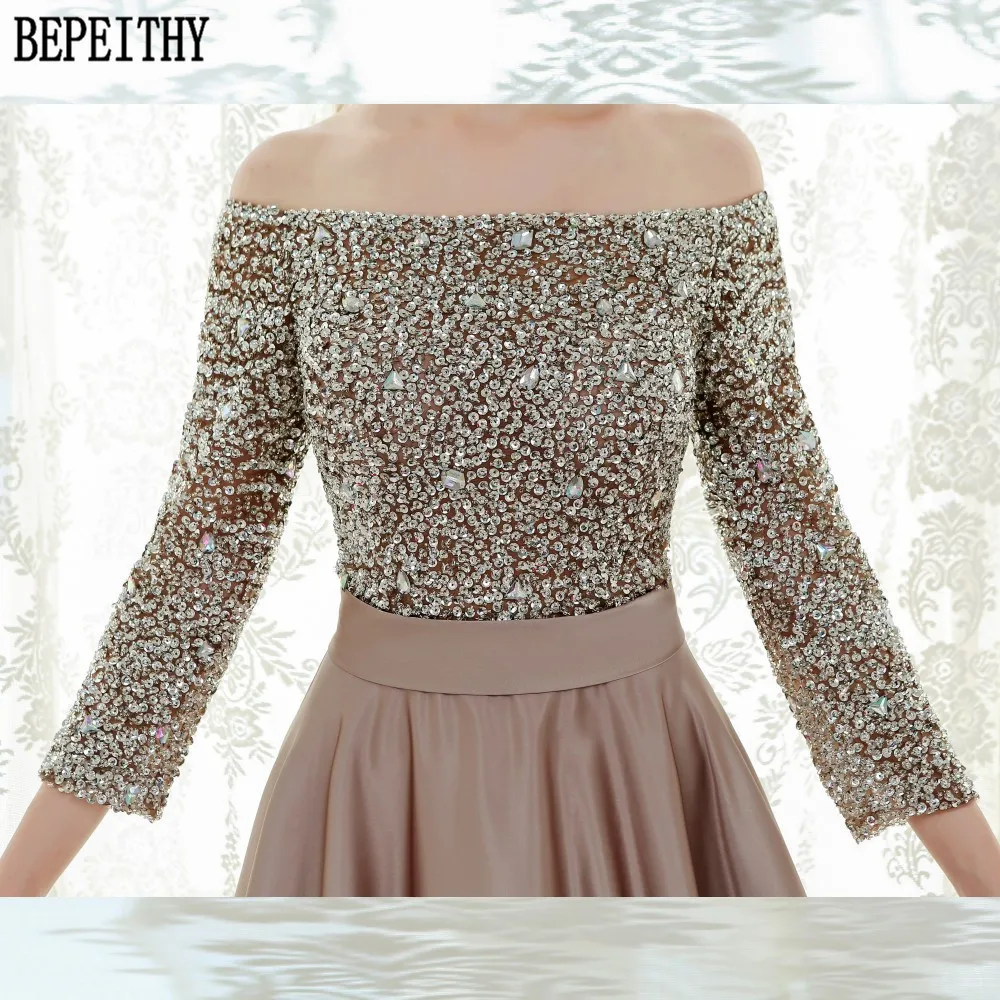 BEPEITHY Robe De Soiree Off The Shoulder Three Quarter Sleeve Bead 2019 Vestido Longo Evening Dress Long