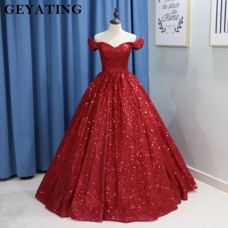 

Glitter Wine Red Sequins Ball Gown Wedding Dress Luxury 2019 Dubai Burgundy Colorful Wedding Gowns Lace-up Arabic Bride Dresses