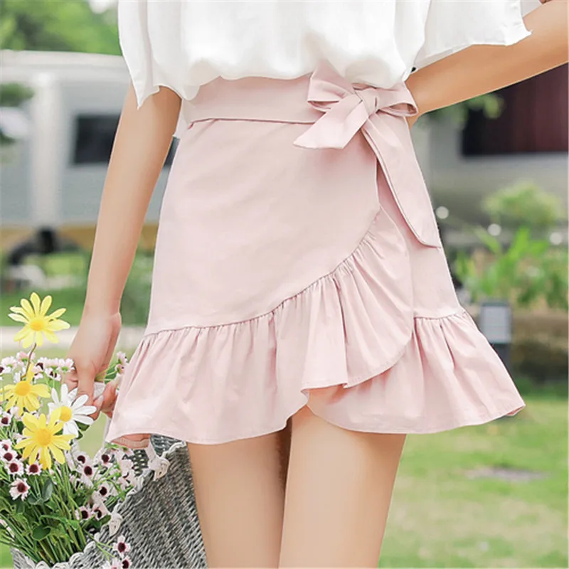 HziriP 2018 New Wild Summer High Waist Casual Women Skirt Solid Ruffles