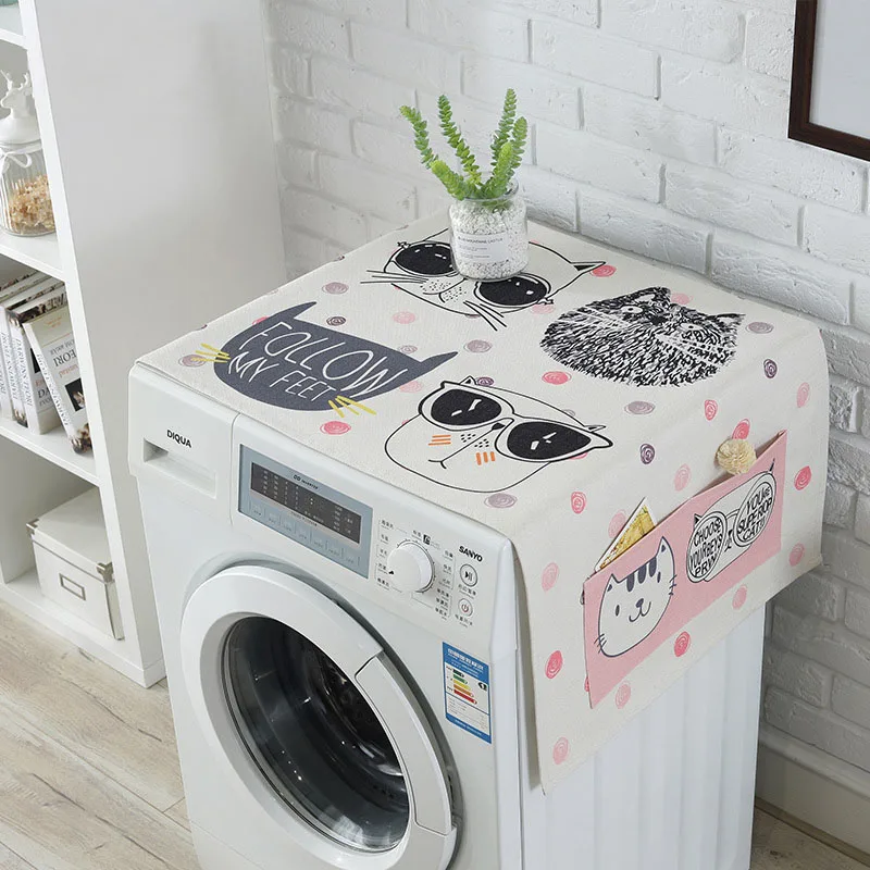 

Cartoon Dual-purpose Linen Dust Cover with Storage Pouch for Home Washing Machine Refrigerator Protector 1pcs/lot AQ161