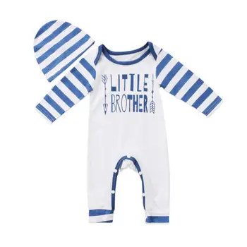 

Long Sleeve litter brother Striped Blue Toddler Infant Baby Boy Romper Hat Jumpsuit 2pcs Baby Set Clothes Outfit