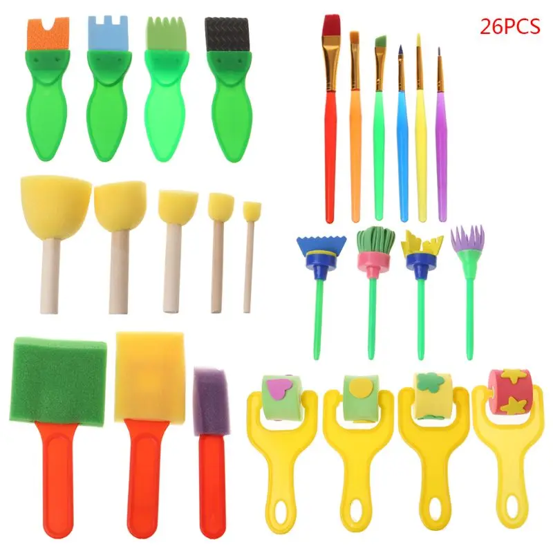 26Pcs/Set Nontoxic Washable Sponge Painting Brushes Set for Kids