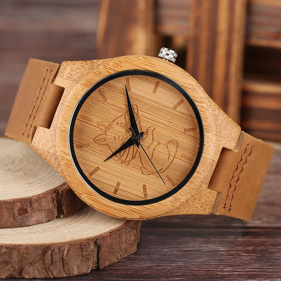 High Quality Men Wood Watch Natural Bamboo Wooden Handamde Lighweight Quartz Wristwatch CatDog Pattern Cute Animal Clock (22)