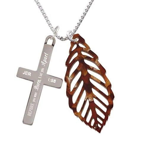 Acrylic Large Leaf Pearly Brown - I Set You Apart - Cross Necklace (1)