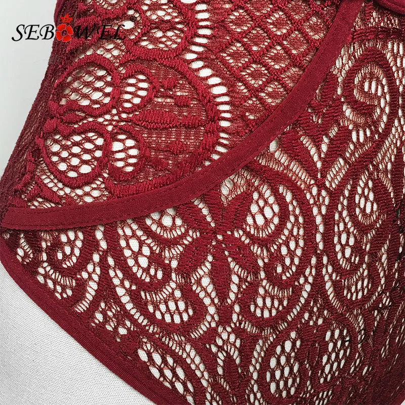  SEBOWEL Sexy Black/Red/White Sleeveless Lace Bodysuit Women Deep-V Hollow-out Bodysuits Feminine Tr