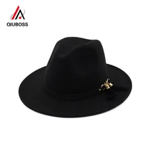 QIUBOSS, унисекс, Pannama, шерстяная фетровая шляпа с перьями, украшение, для мужчин и женщин, с широкими полями, джаз, Панама, шляпа, Chapeau QB29
