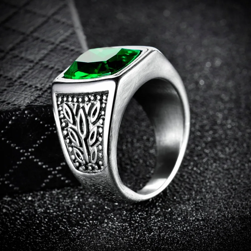 XIAGAO Gift 2 Color Red Green Square Stone Titanium Ring for Man 316L Stainless Steel Unique Fashion Male's Cross Ring for Boy