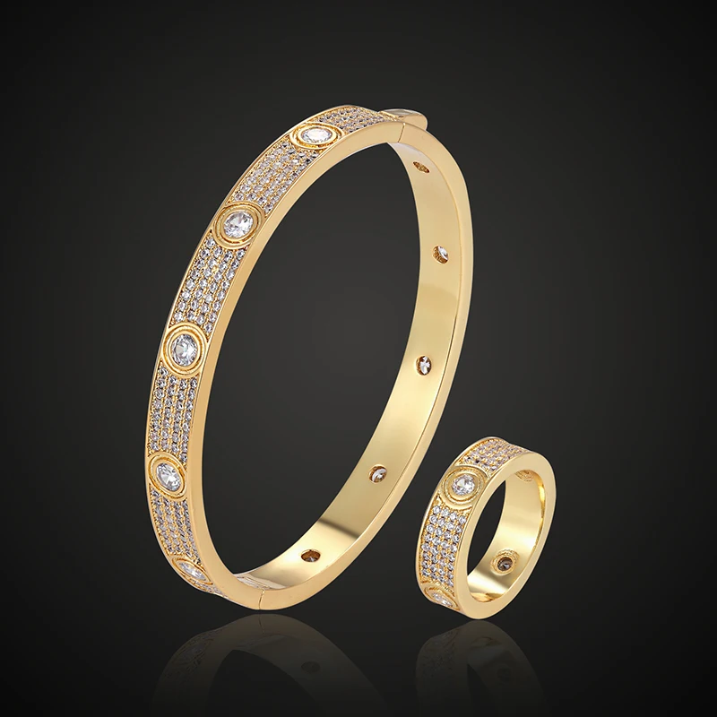 

Lanyika Jewelry Set Luxury Simple Unisex Big Full Zircon Micro Paved Bangle with Ring for Daily Birthday Trendy Best Gifts