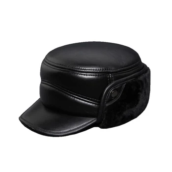 

Men's 100% Genuine leather sheepskin snapback casual winter bomber hat elderly solid warm ear dome baseball cap wholesale