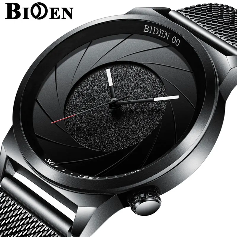

BIDEN Brand Fashion Photographer Series Unique Camera Wristwatch Waterproof Quartz Watch Mesh Stainless Steel Mens Watches