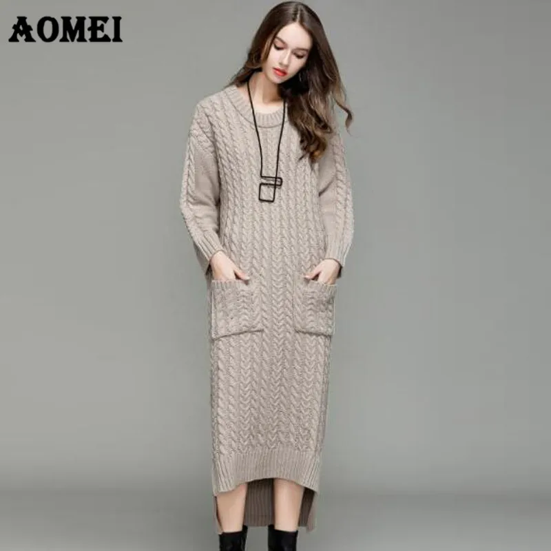 Oversized Sweater Midi Irregular Dresses with Pocket Twisted Ribbed Jumper Tunic Fashion Knitted Split PulloverBlack Grey Color | Женская