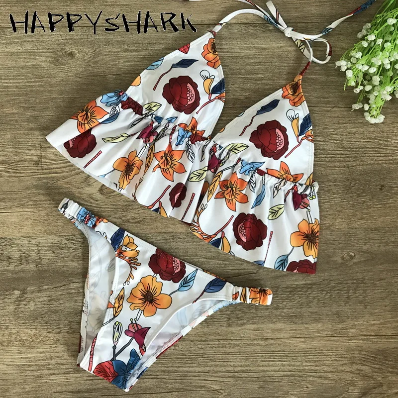 Бикини HAPPYSHARK с цветочным рисунком и оборками 2019 женский купальник в полоску