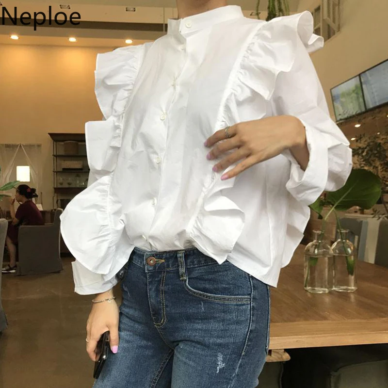 Neploe Элегантная блузка с рюшами белые рубашки с воротником-стойкой корейская осенняя одежда однобортные топы и блузки с длинными рукавами