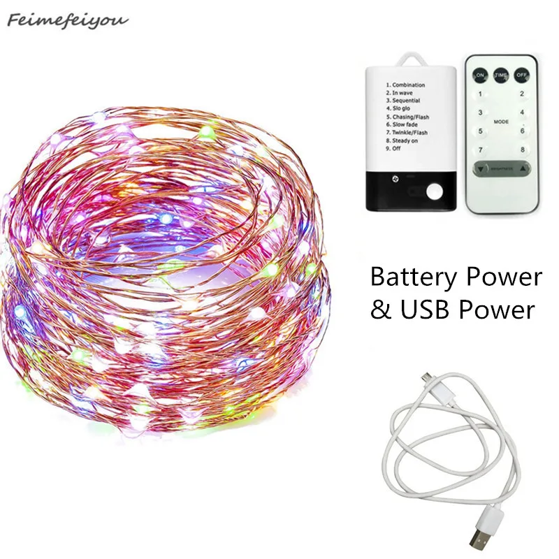 

10M 100 LED Copper Wire Light String Battery USB Dual Power With Remote Control Fairy Lights String For Christmas/Wedding/Party