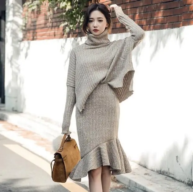 

2018 Autumn Knitted Two Piece Set Women Runway Long Sleeve Tracksuit Sweater and Bodycon Mermaid Skirt Suits