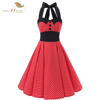 

SISHION Women Red Dress 2018 Cotton Halter 50s 60s Vintage Dresses Retro Big Swing Polka Dot Sexy Summer Party Dress Robe VD0145