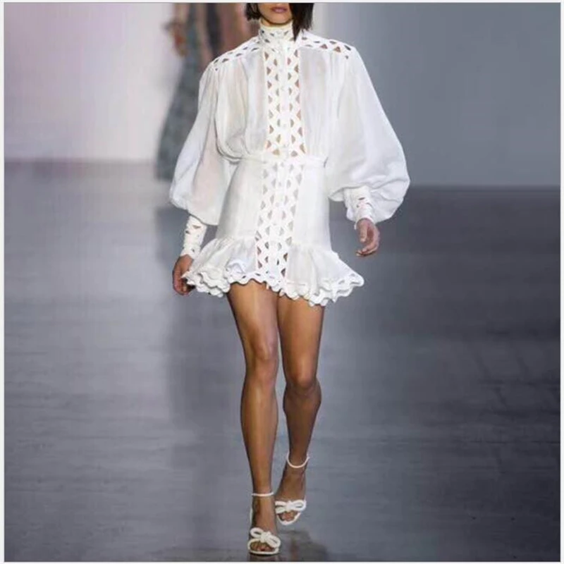 

summer Autumn mini Dress Female Lantern Sleeve High Waist Hollow Out Ruffle Hem Short Party Dresses Women Vestidos 131