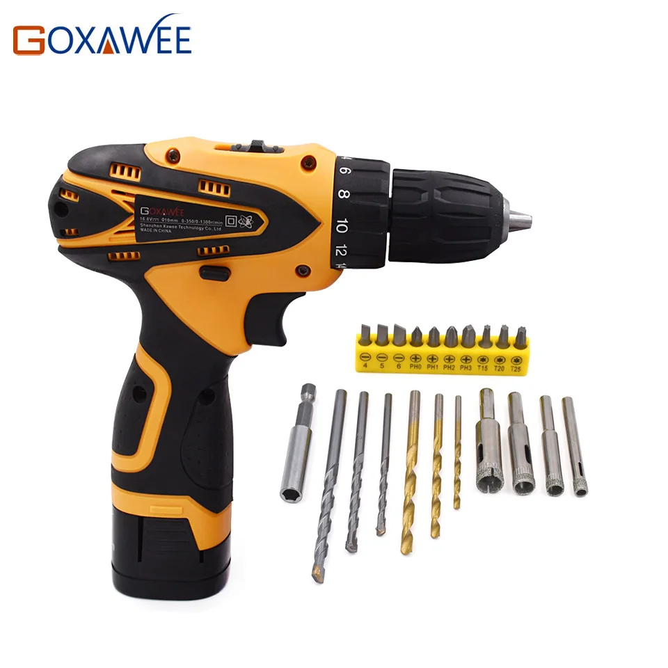 

Goxawee 16.8V Electric Screwdriver Lithium Battery Rechargeable Two Speed Multi-function Cordless Electric Drill Power Tool
