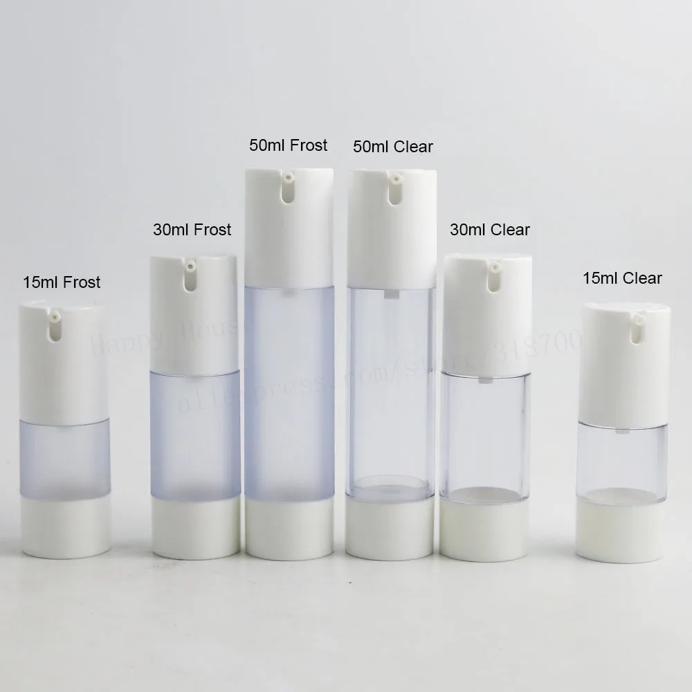 

24pcs Travel 15ml 30ml 50ml Empty Refillable Clear Frost Airless Vacuum Eye Cream Essence Lotions Bottle with White Pump Bottom