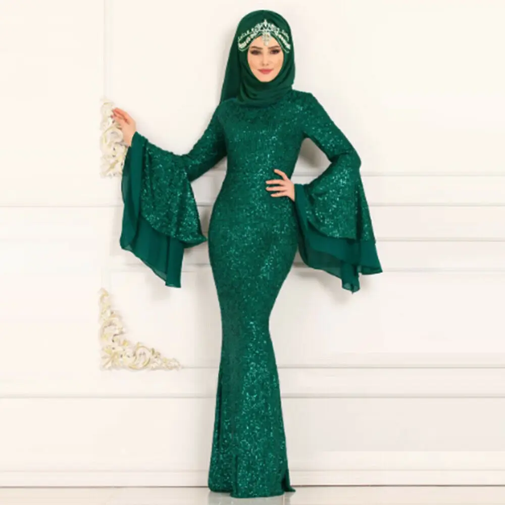 

Hot Women Sequin Long Sleeve Muslim Islam Kaftan Dubai Abaya Maxi Dress Women Muslim Dubai Style Dress Robe Plus Size S-5XL