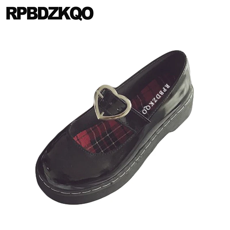 

metal heart platform designer shoes china patent leather thick sole flats round toe mary jane 2019 women black creepers japanese