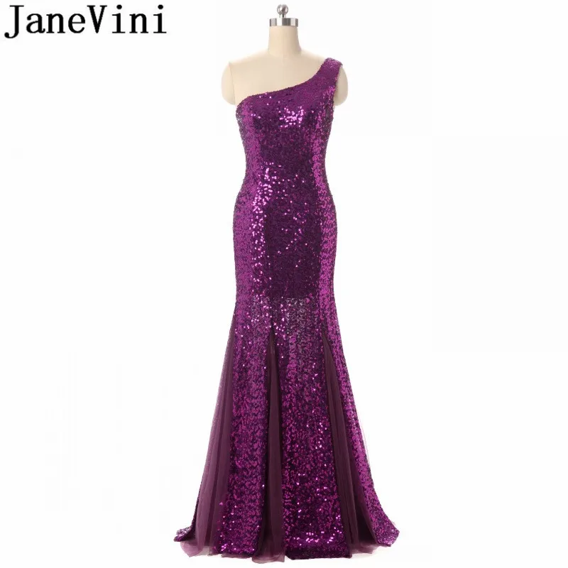 

JaneVini 2018 New Purple Mermaid Bridesmaid Dresses Long One Shoulder Bling Sequins Women Wedding Party Dress Formal Prom Gowns