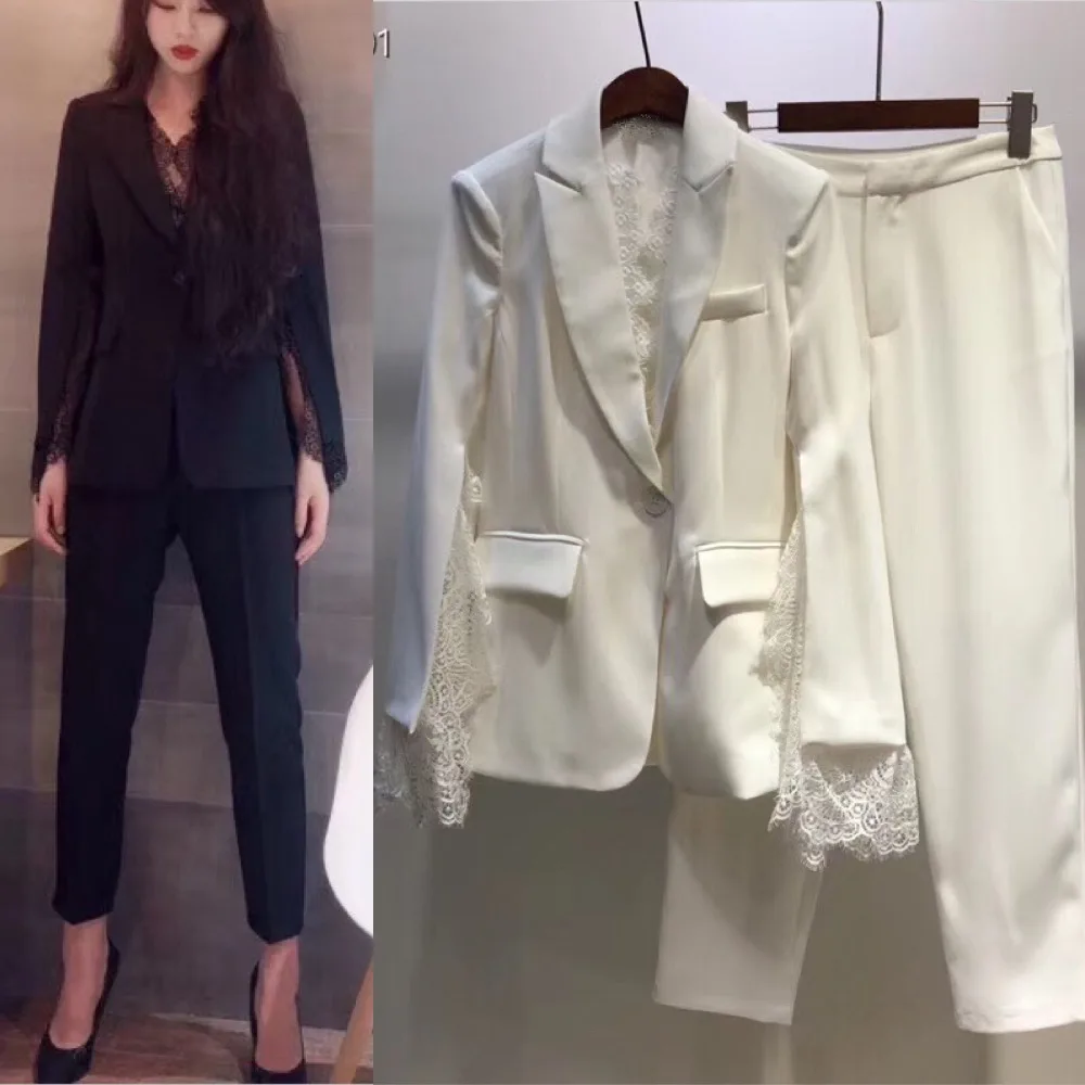 

Elegant Office Ladies Suits 2019 Spring Sexy V Neck Lace Black White Blazer Fashion Fashion Straight Ankle Length Pants