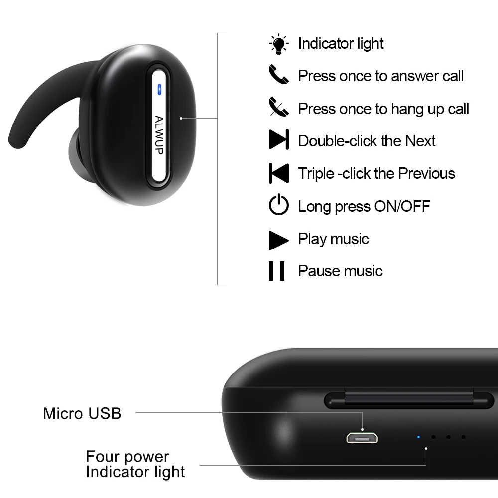 ALWUP TWS Беспроводные Мини Bluetooth наушники для Xiaomi huawei мобильный стерео наушники спортивные наушники с микрофоном портативная зарядная коробка