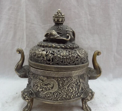 

JP S0114 8" Tibet Bronze Buddhism Dragon Lion Head Statue Elephant Incense Burner Censer