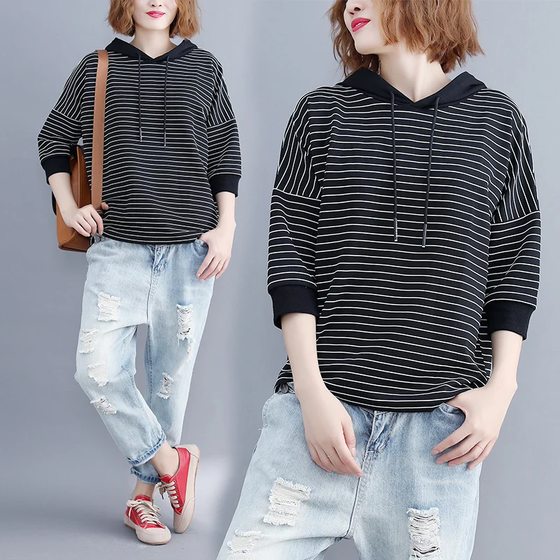 

Obrix Spring Cotton Hoodie For Women Stripped Light Female Sweatshirt Korean Style Long Sleeve