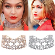 Luxury Hollow Flower Crystal Rhinestone Choker Collar Women Gold Silver Chain Necklace Wedding Jewelry For Party Gift #95043