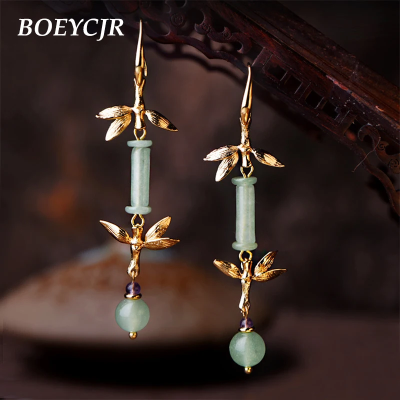 BOEYCJR Ethnic Gold Color Bamboo Stone Drop Earrings Handmade Jewelry